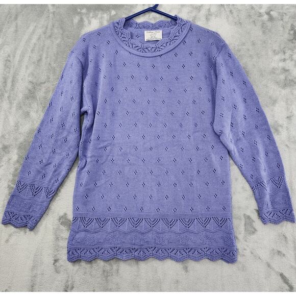 Vintage 80s College Point Pointelle Knit Sweater Pleated Skirt Set Size M Purple - Picture 2 of 10